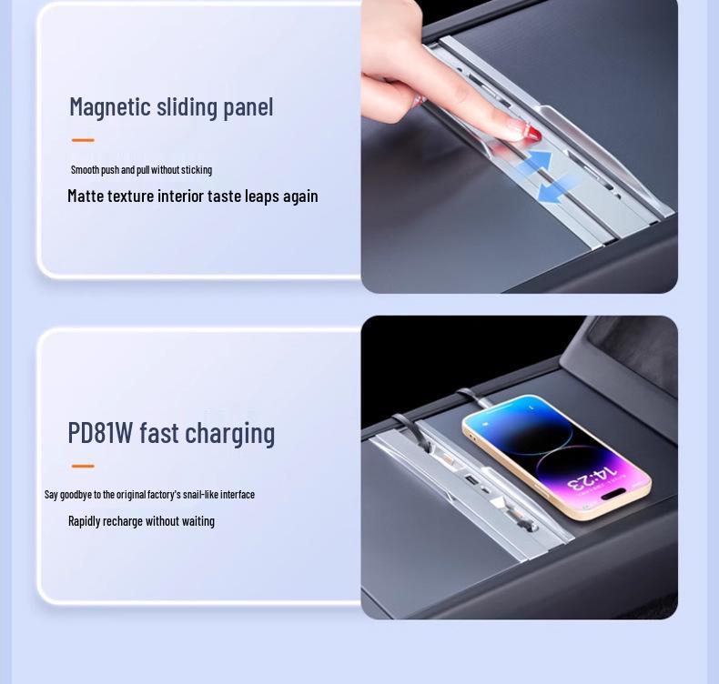 Příslušenství pro osvěžení modelu Tesla 3/Y, výsuvný dok s rychlonabíjením PD pro středovou konzoli.