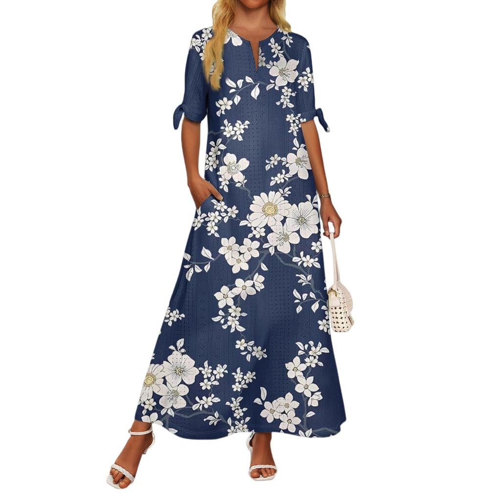 Ladies Casual Fashion Temperament Elegant Waist Patchwork Floral Print Long Dress
