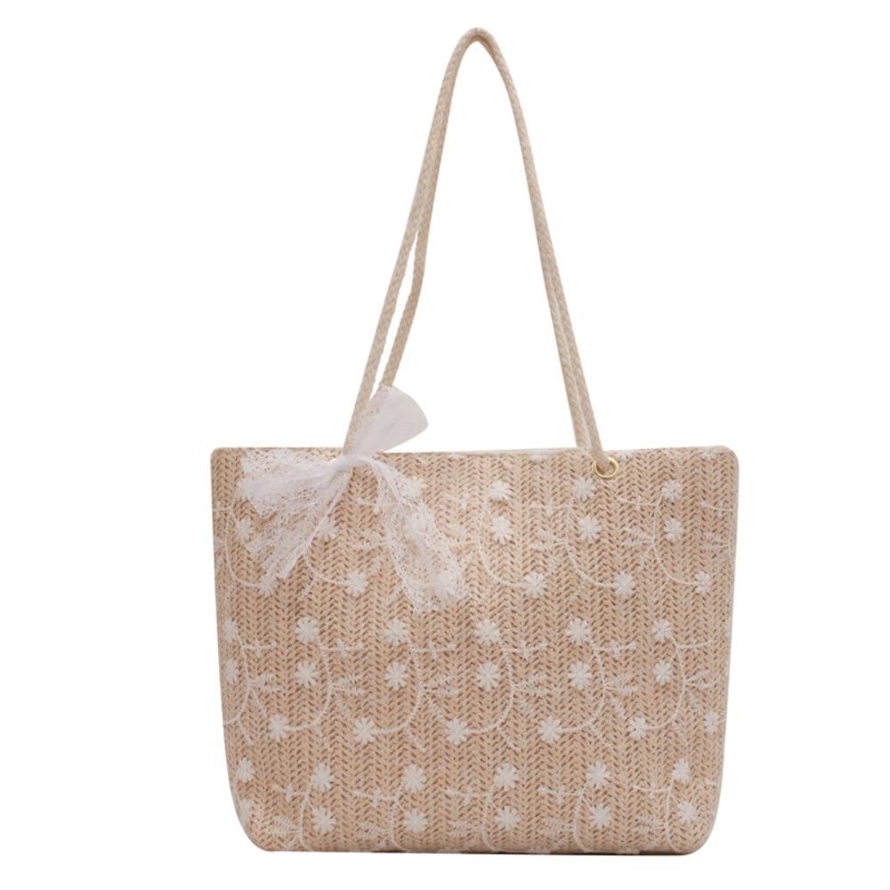 

Portable Straw Woven Shoulder Bags Lace High-capacity Handbags All-Match Handmade Shopping Bag Beach білий