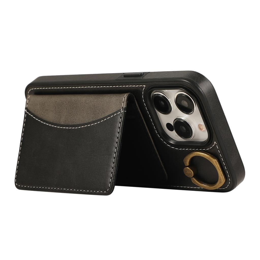 For iPhone 14 Pro Max PU Leather Back Case Card Holder Kickstand Phone Cover with Wrist Strap