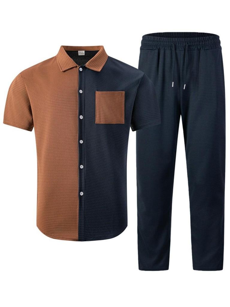 26th Anniversary Men's Plaid Patchwork Short Sleeve Shirt & Pants Set