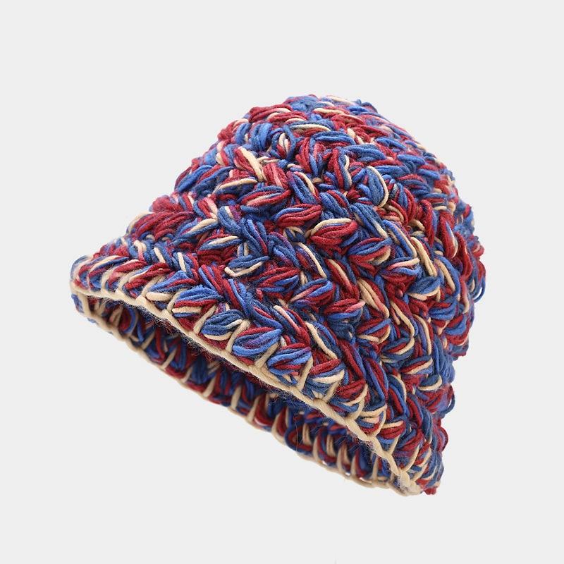 

Retro mixed color thick stick needle handknitted wool bucket hat women s autumn and winter thickened warm hemming basin hat One Size