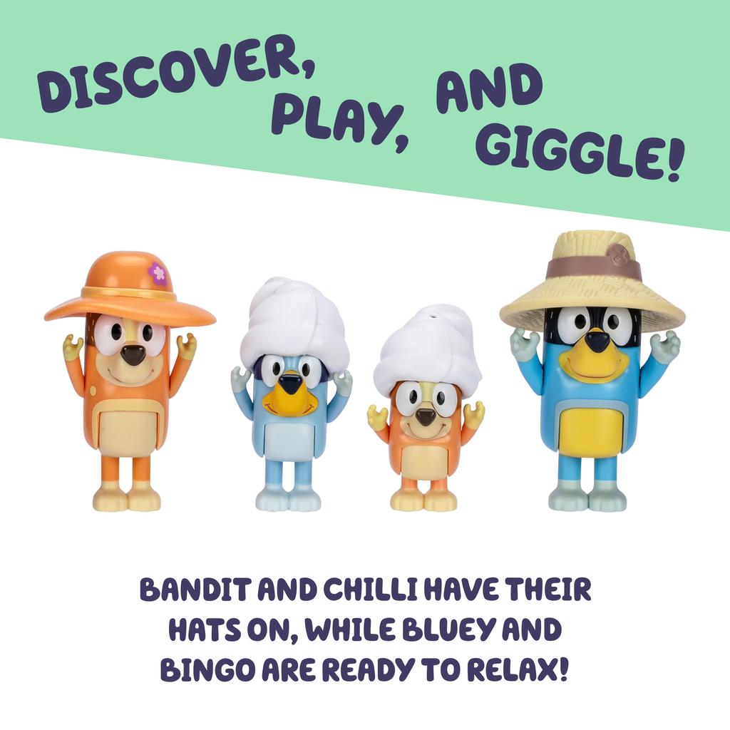 Bluey Figures 4-Pack Family Vacation 6.3cm Poseable Figures of Bluey, Bingo, Bandit, and Chili