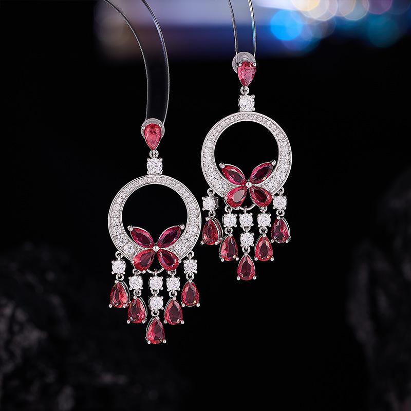 High-end Micro-inlaid Zircon Green Butterfly Fringed Heavy Industry Earrings French Light Luxury Dress Accessories