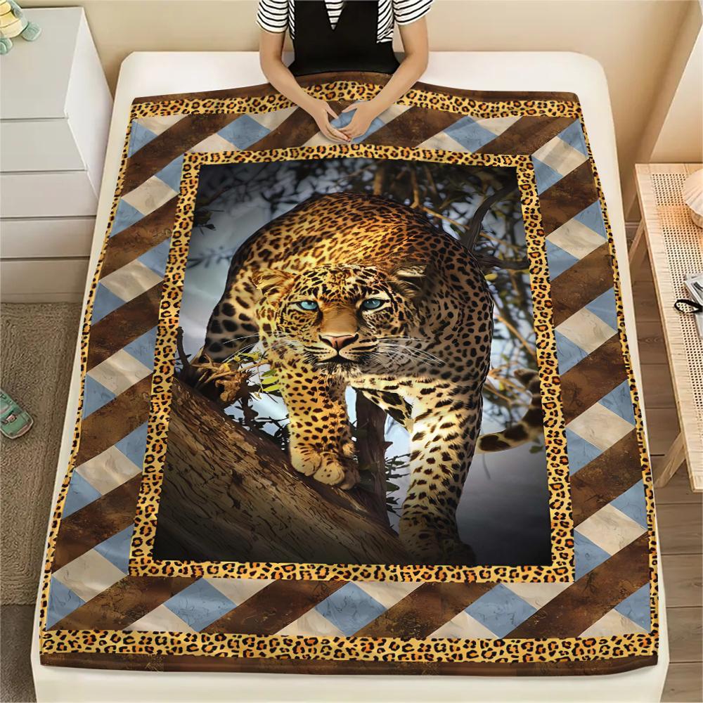 1Pc Lepoard Puzzle Print Flannel Blanket, High Quality Comfortable for All Seasons, Home Decor, Warmth and Comfort, Perfect for Christmas Gifts