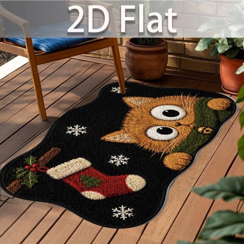 Anti-fouling Cat Area Rug Non-Slip Floor Mat Unique Cartoon Carpet Merry Christmas