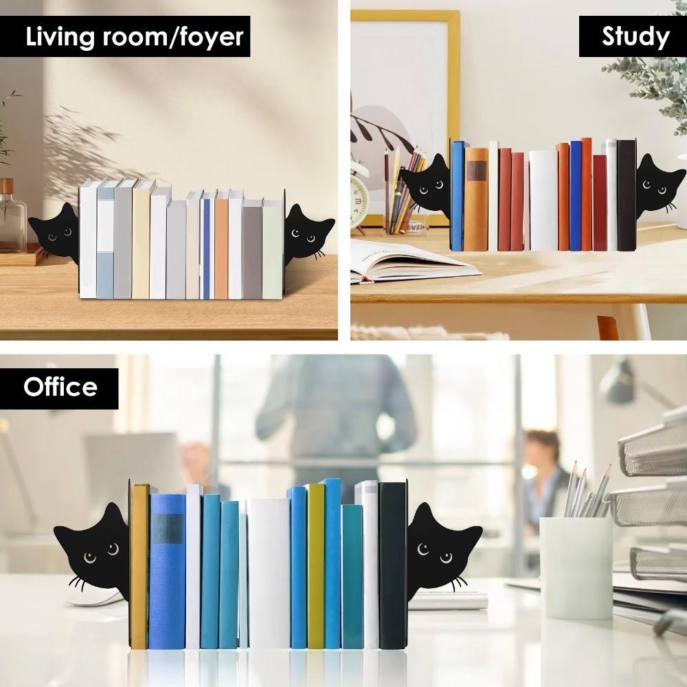 2Pcs Non-Slip Base Peeping Black Cat Bookend Stable Design Decorative Book Stand Multifunctional Bookshelf Holder Home Office