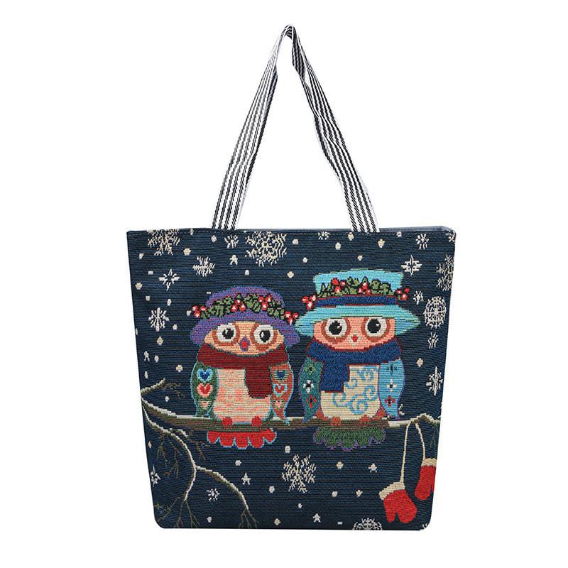 Fashion Owl Canvas Tote Bag With Embroidery And Large Capacity For Daily Use