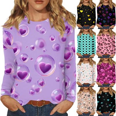 Women's Valentine's Day Fashionable Heart Print Round Neck Long Sleeve Pullover Top