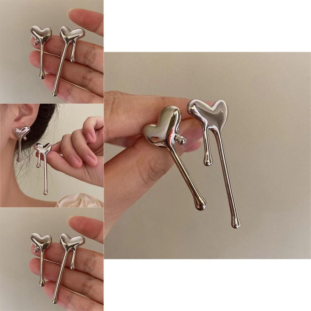 Trendy Geometric Silver Heart And Waterdrop Earrings Stylish Alloy Ear Studs