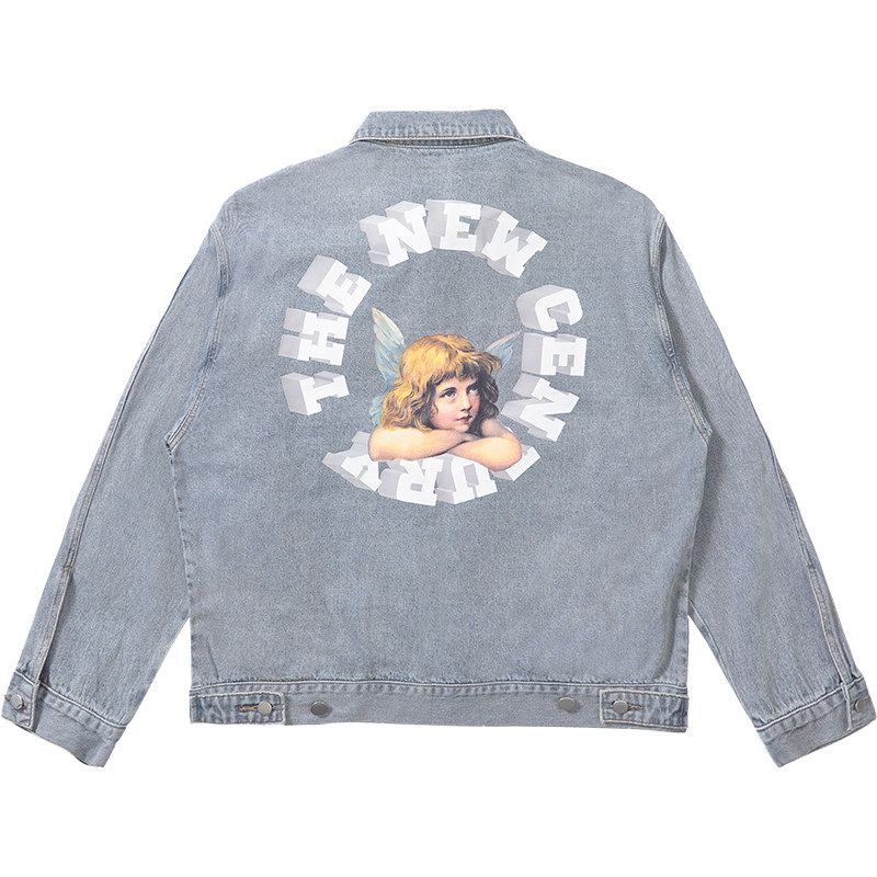 

Harshandcruel Street Style Loose Three-Dimensional Lettering Vintage Little Angel Washed Denim Jacket for Men Blue XL