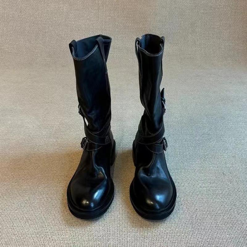Cowhide Edition~ Retro Belt Buckle Medium Boots Western Cowboy Boots Skinny Thick-soled Fried Street Short Boots Female Knight Boots