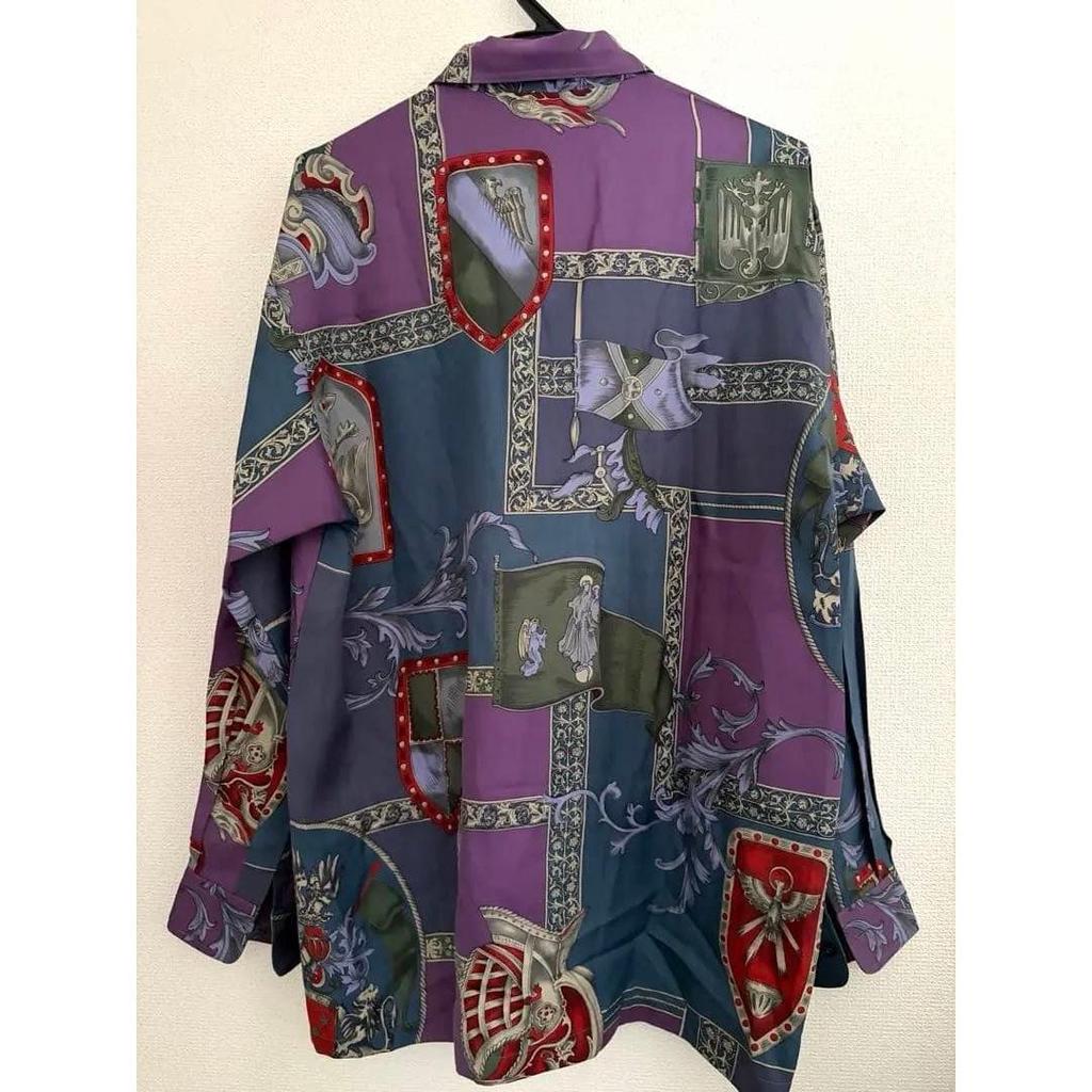 Used Rare Long Sleeve Shirt All-over Print Crest Pattern Chest Pocket Men's L Retro 90s