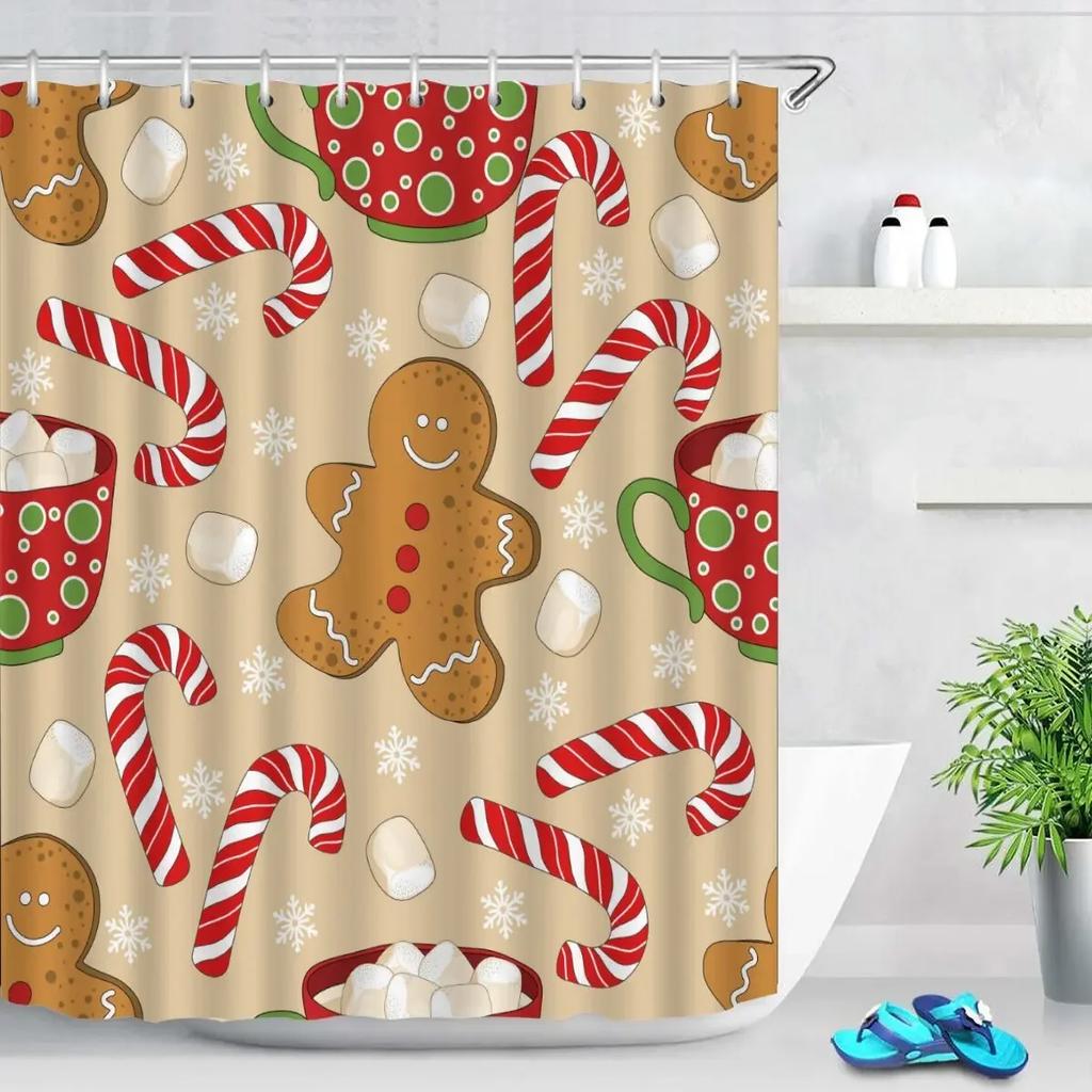 Christmas Cookies Bathroom Curtain Christmas Gift Shower Curtain Bathroom Waterproof Fabric New Year Holiday Decoration Hooks