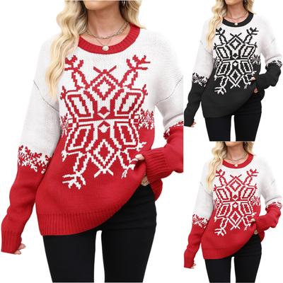 Women's Fashionable Round Neck Long Sleeved Christmas Snowflake Sweater Casual Pullover Knitted Sweater Top