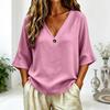 Women's V-Neck Button Down Three-Quarter Sleeve Casual Blouse, Color Loose Fit Top