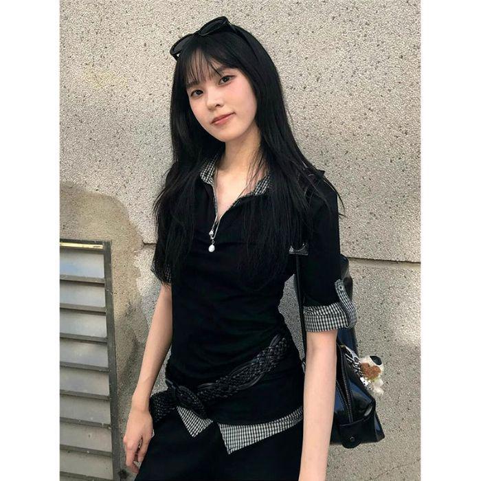 

Y2K Весенняя мода Блок цвета Футболка с коротким рукавом и воротником поло - Сексуальный облегающий крой Вид двойки. M чёрный