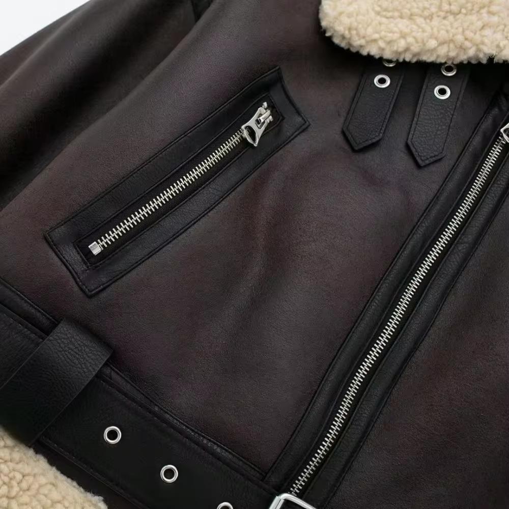 Podzim Zima Dámský Retro Volný Hřejivý Kabát z Umělé Jehněčí Kožešiny Streetwear Dámská Prošívaná Bunda s Páskem na Zip