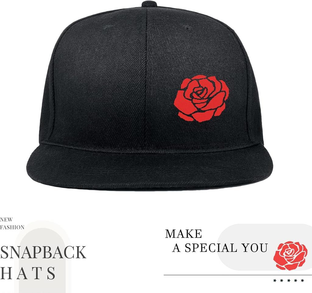 Red Rose Graphic Black Snapback Hat Polyester Adjustable Flat Bill Baseball Cap for Adults