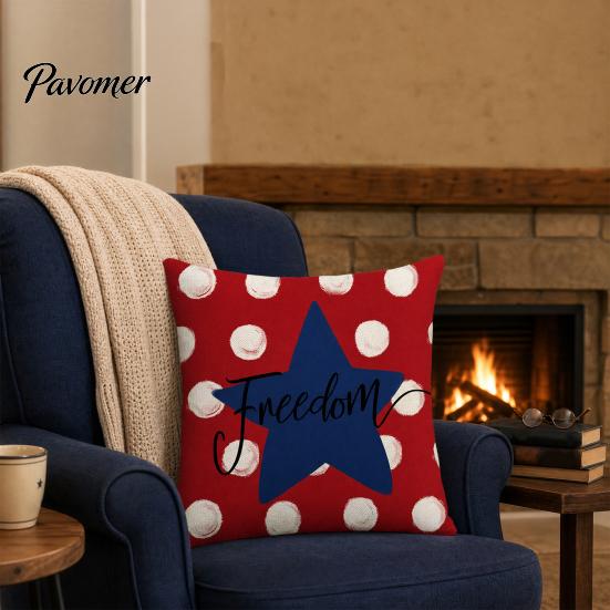 Linen Pillowcase 4th of July Pillow Cover, Independence Day with Red Blue Stripes Hearts Fourth Of Cover Stars Print, Sofa Cushion for Bed Couch