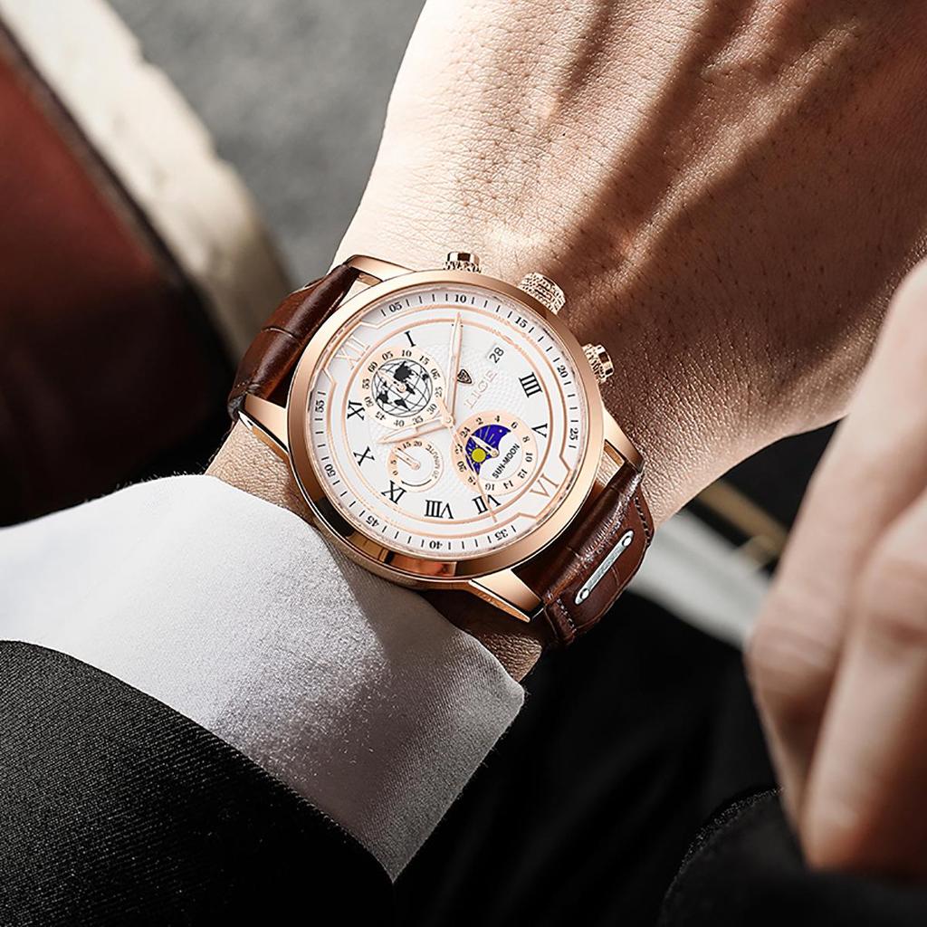 LIGE Men's Quartz Multifunctional Waterproof Watch - Three-Eye Six-Hand Design