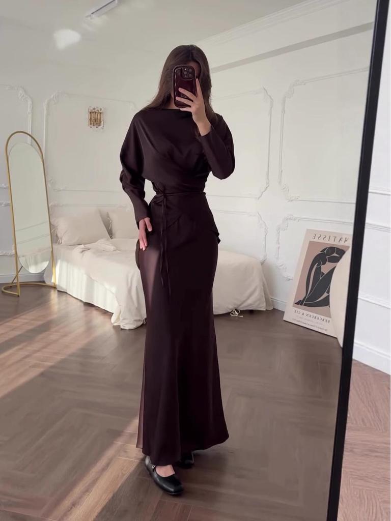 Damen Casual Mode Langarm Taillenbetonendes Oberteil & Fishtail Rock Set - Einfarbige