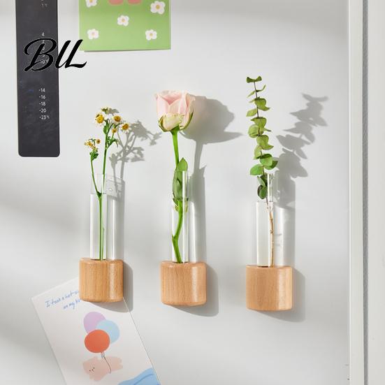 Glass Test Tube Planter Fridge Magnet Vase Clear with Wooden Base Non-drill Magnetic Mini for Flowers Herbs Refrigerator Kitchen Decor Decoration