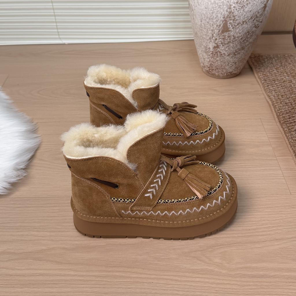 Leather Platform Short Snow Boots Women's 2025 Winter New Plush Warm Cotton Shoes Wear Fluffy Shoes