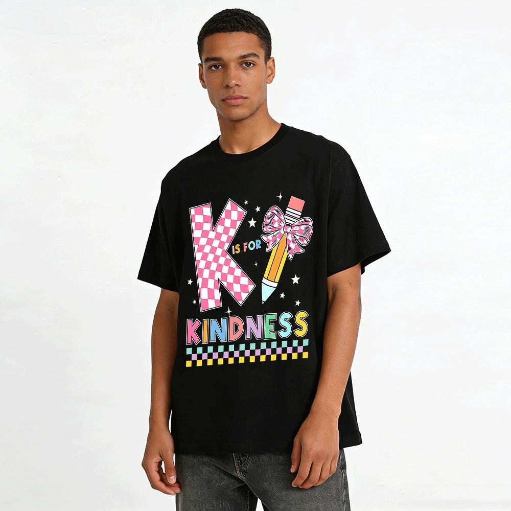K Is For Kindness Checkered Pencil Print Casual Top Pure cotton T-shirt