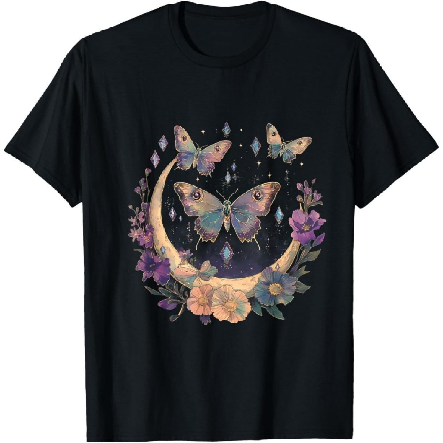 Mystic Cottagecore Astral Lunar Moon Celestial Flower Moth T-Shirt S