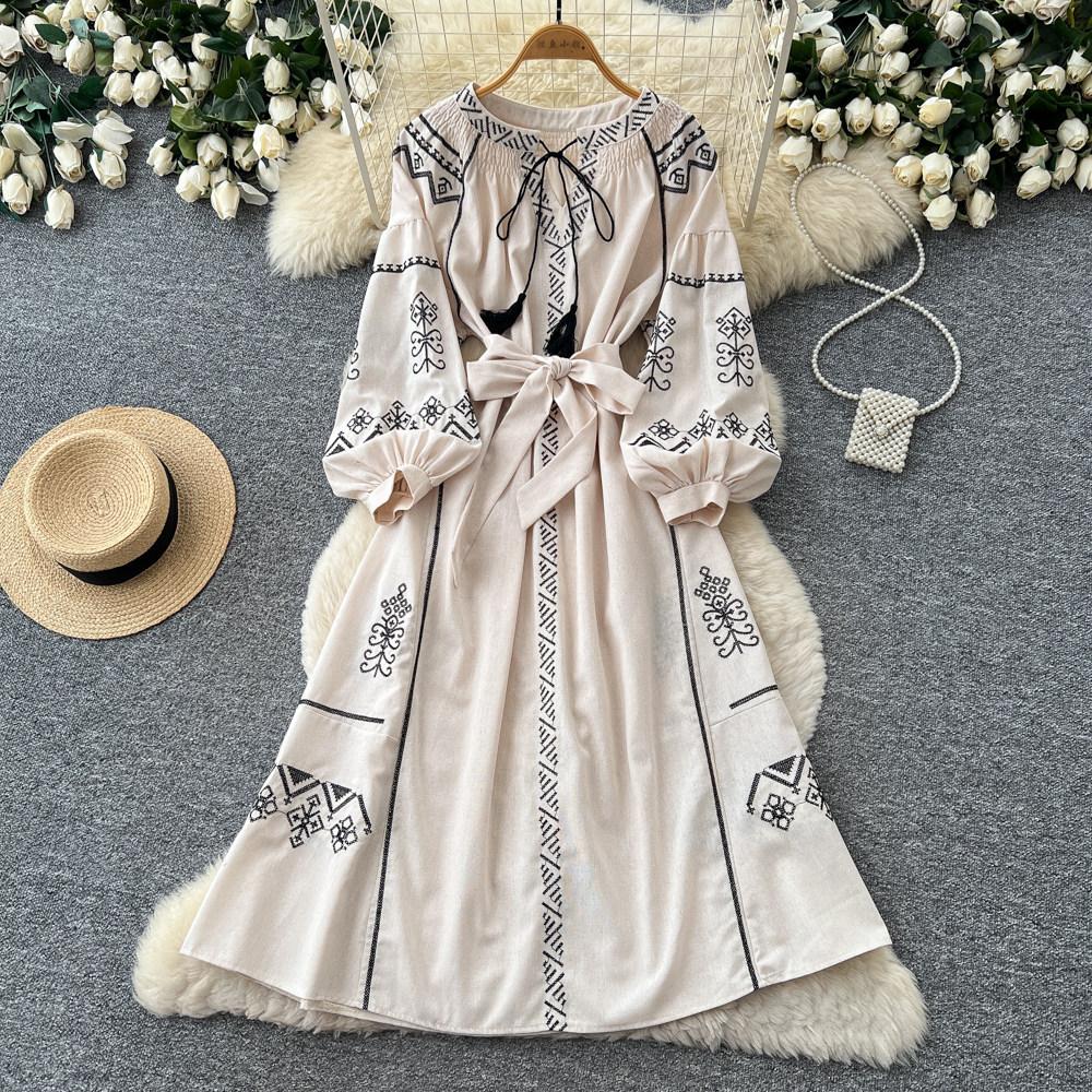 Bohemian heavy industry embroidery dress women's summer long-sleeved strap waist A-shaped dress retro ethnic style
