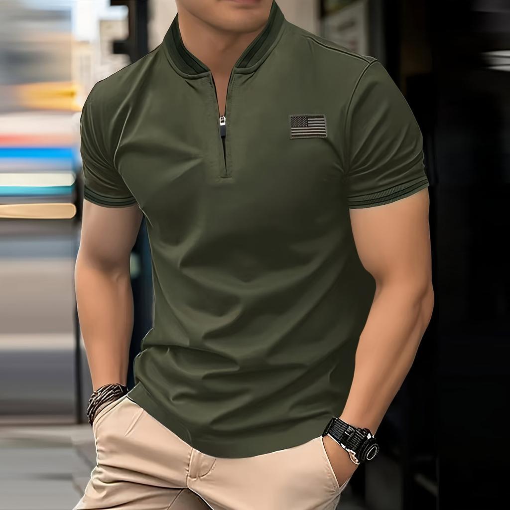 Men's T-shirt With Stand Up Collar And American Flag Sticker Large Size Half Zip Collar And Short Sleeves