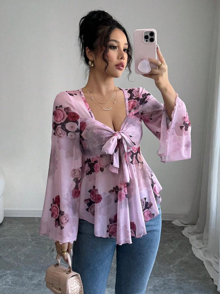 European Floral Gradient Tie-Up Square Neck Long Sleeve Shirt
