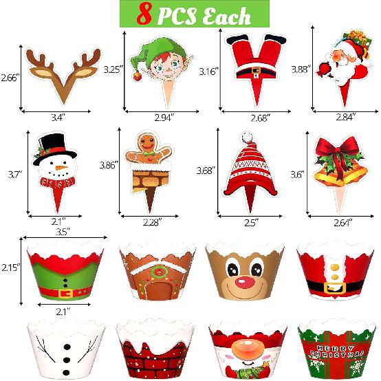 128 Pieces Christmas Cupcake Toppers Wrappers Party Supplies Favors - Snowman Santa Claus Reindeer Elf Gnome Gingerbread