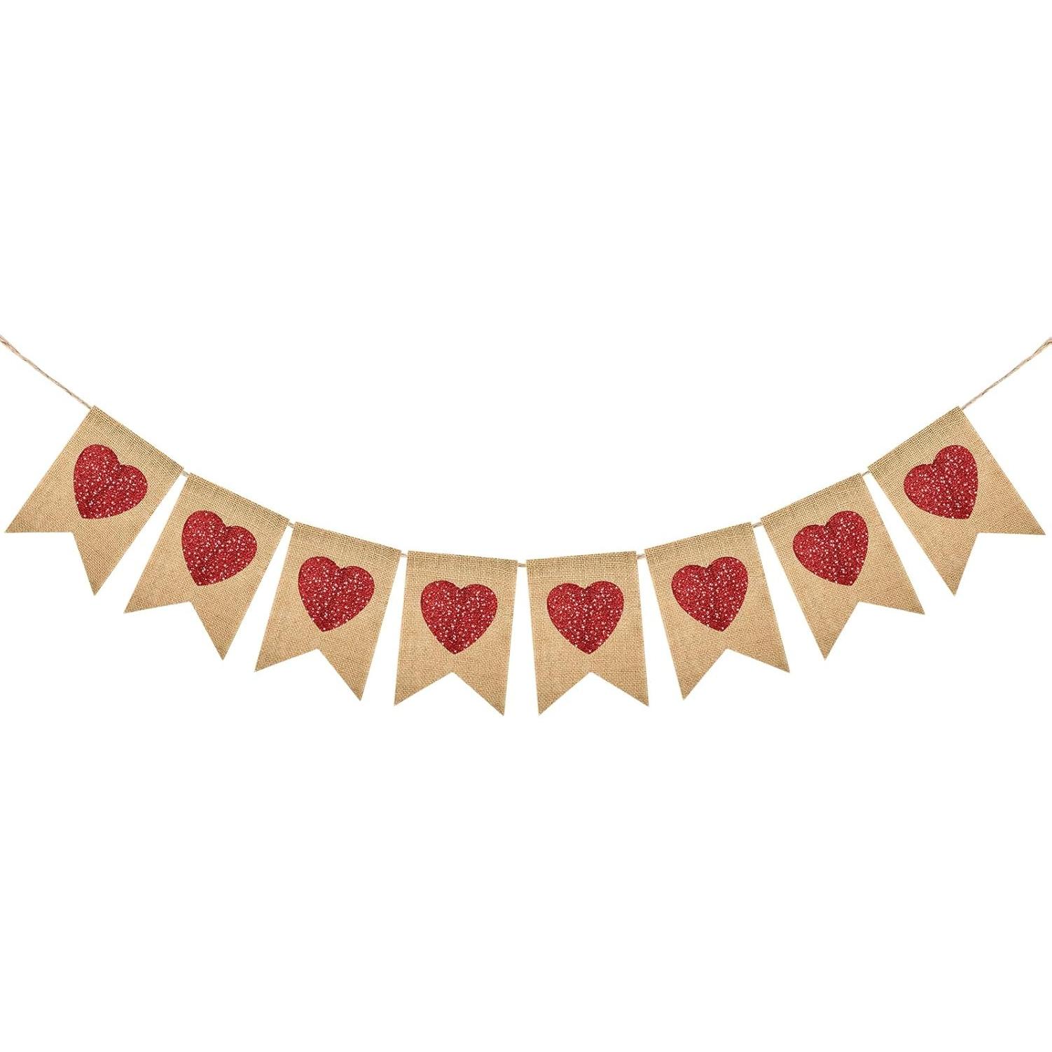 Valentines Burlap Hearts Banner No DIY Valentines Day Banner Red Glitter Heart Garland Pre-Strung Valentines Garland Heart Banner for Valentine s Day красный