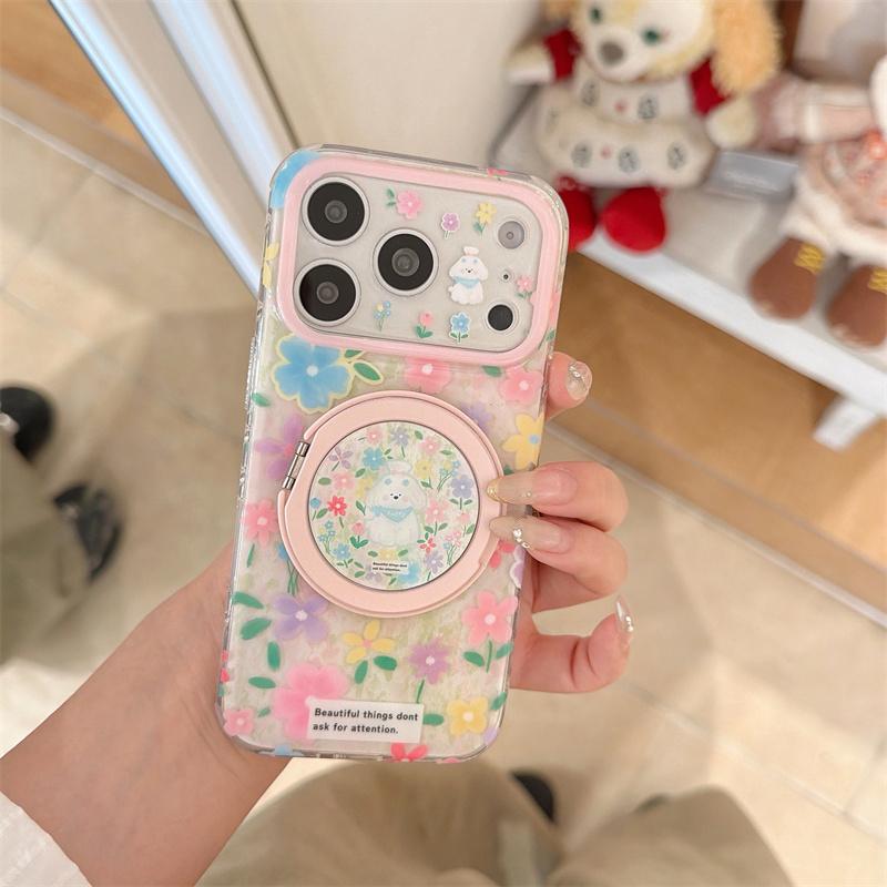 Kawaii Floral Puppy Ring Stand Phone Case For iPhone 15 16 17 Pro Max INS Cute Pink Glitter Clear Shockproof Protective Cover