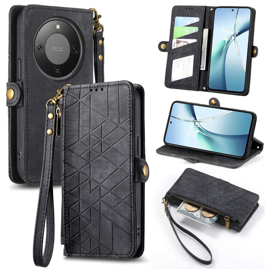 Etui For Honor Magic8 Lite 5G/X9d 5G/X70 5G Portfel na zamek Błyskawiczny Geometryczne Linie Skórzana Osłona Telefonu z Paskiem