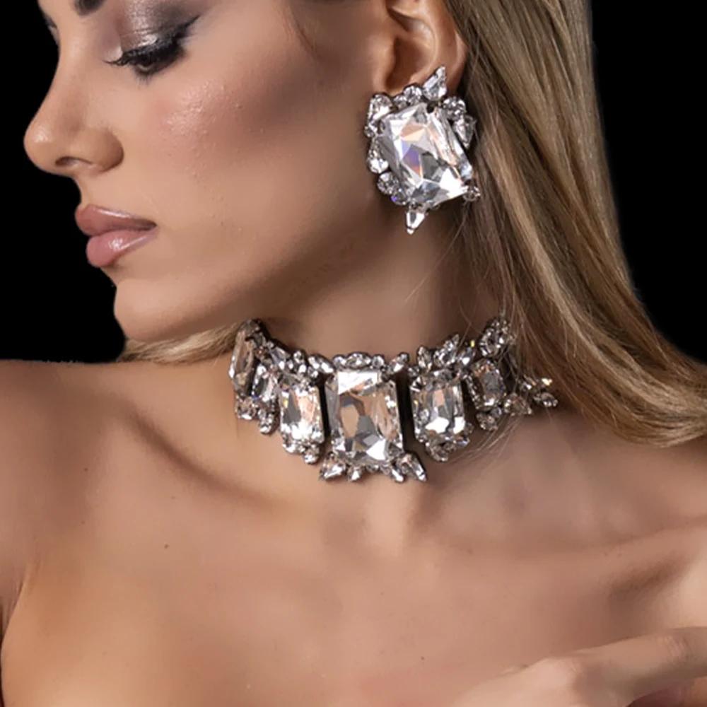 Stonefans Square Necklace and Earrings Set Accessories for Women Geometric Jewelry Sets Luxury Designs Elegant Wedding