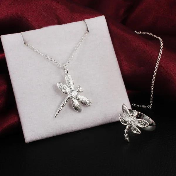 Women Party wedding Fashion Jewelry set   Copper Crystal dragonfly pendant necklace rings fine Christmas gifts