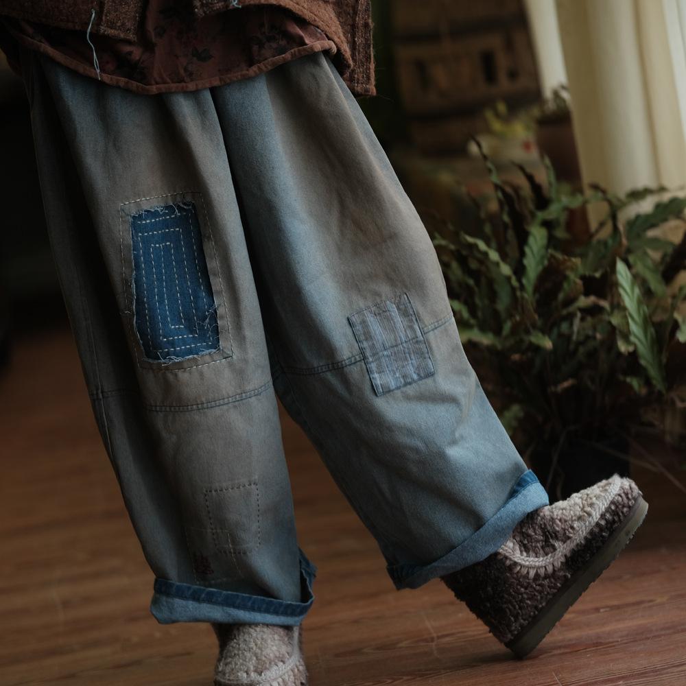 Johnature Pantaloni de damă vintage patchwork cu picior larg, talie elastică, largi, de primăvară, pantaloni lungi casual