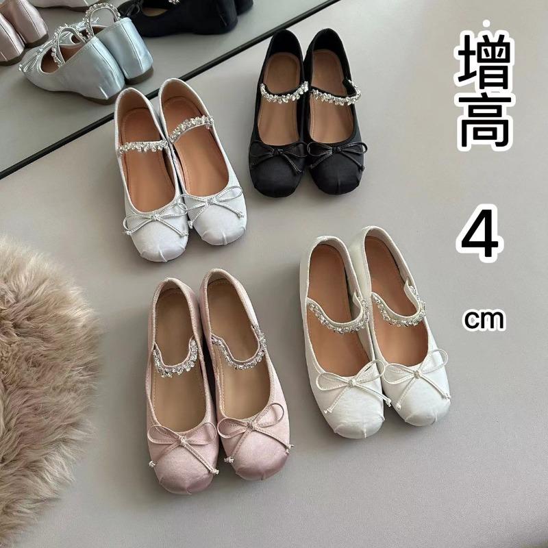 2025 New Diamond Belt Increase 4 Cm ~ Satin Bow Small Round Head One-line Drill with Shallow Mouth Ballet Single Shoes for Women