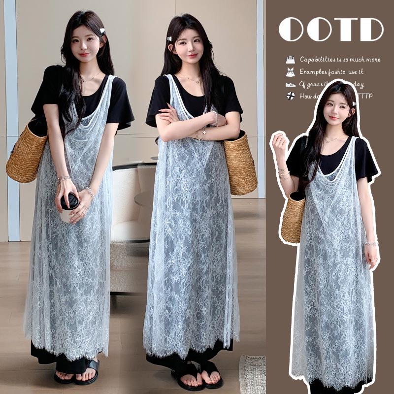 Genuine 2026 Summer Lace Patchwork Faux Two-Piece Long Dress Available Now Large