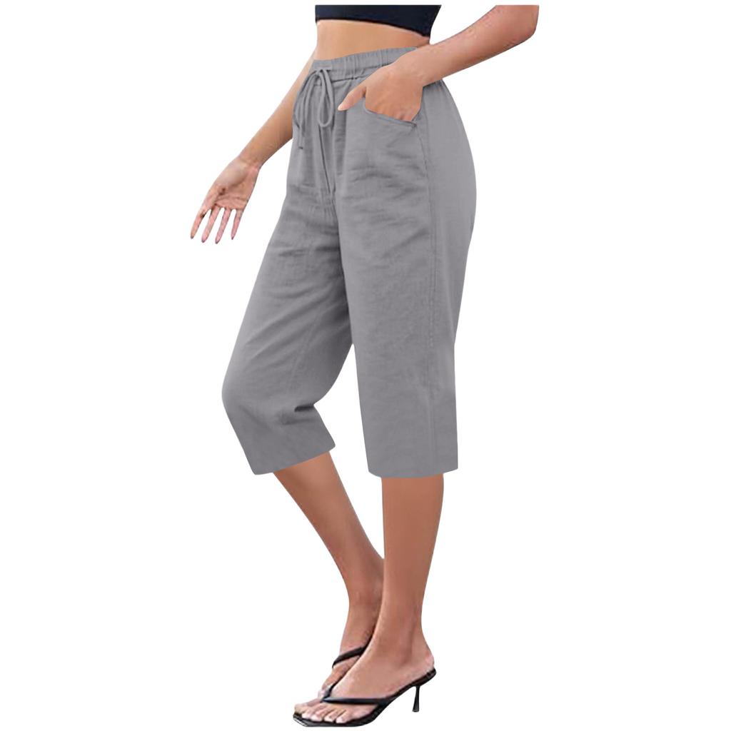 Women's Cotton And Linen Pocket Elastic Casual Pants Five Quarter Pants