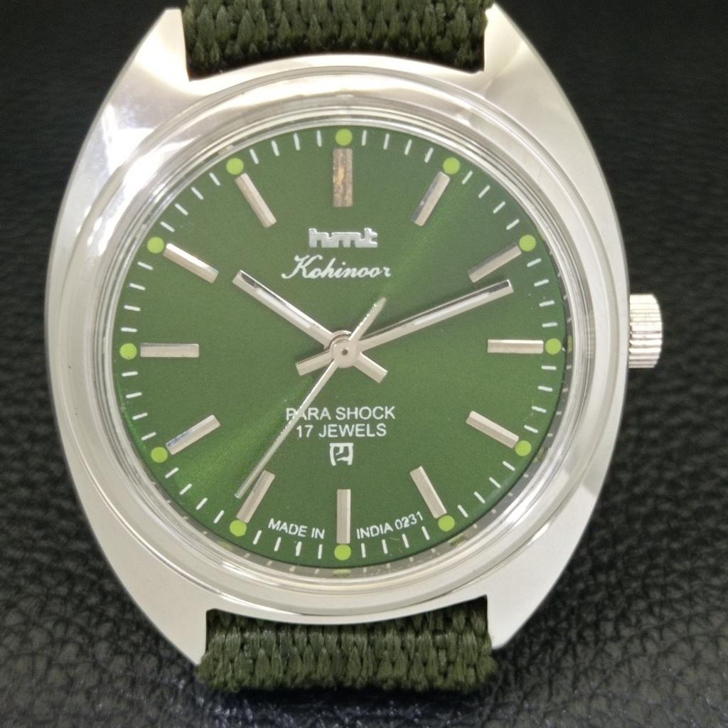 INDIAN VINTAGE HMT KOHINOOR HAND-WINDING MENS GREEN COLOR DIAL WATCH A441049-4 HT-a441049