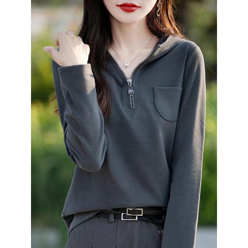 Hooded Base Blouse for Women Long-sleeved Sweater Comfortable Fit and Slim Half Zipper Leisure Sweater Jacket Hoodie