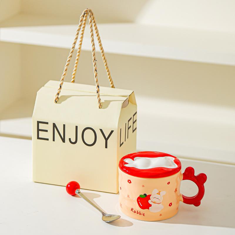 Little Rabbit Cartoon Lid Ceramic Cup Girls High Temperature Resistant Mug Cute Creative Water Cup Office Small Gift Cup