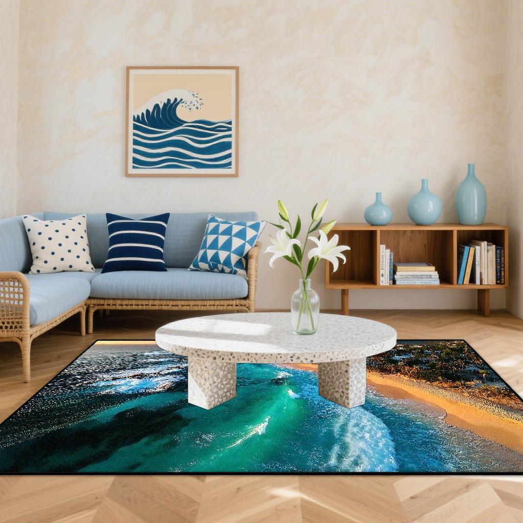 3D Küstenstrandwellen Teppiche Wohnzimmer Cartoon Dekoration Zuhause Großer Teppich Sofabereich Teppich Schlafzimmer Lounge Bodenmatte Waschbar