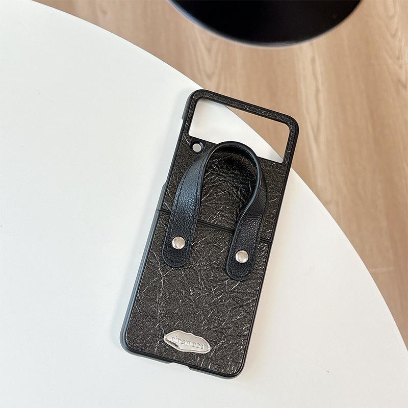 Solid Color Textured Leather Mobile Phone Case for Samsung Zflip6 Clamshell Fold7 Portable Wrist Strap Pocket2 Women
