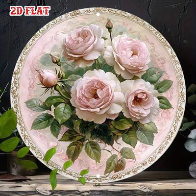 Pc Vintage Metal Wall Art Sign  Pink Roses On Elegant Round Aluminum Plate Frameless Retro Diner Decor for Home Caf Indo