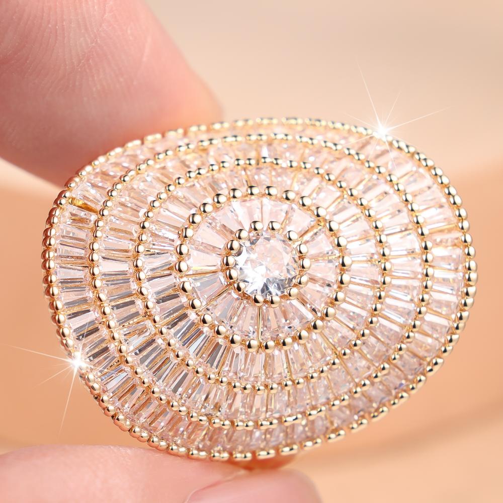 Luxurious Silver/Gold Color Huge Baguette Zircon Sunburst Cocktail Ring for Women Party